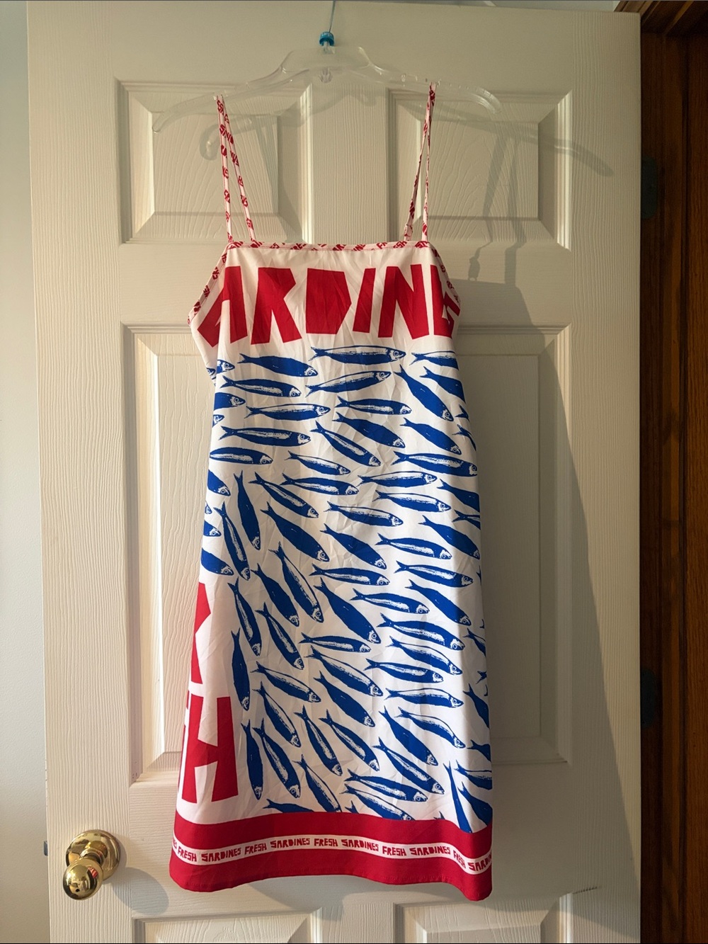 White Sundress with Blue Fish Print and Red Accents